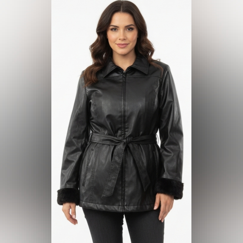Elegant Black Leather Belted Jacket "PENMANS" L14/16 Still Excellent Quality